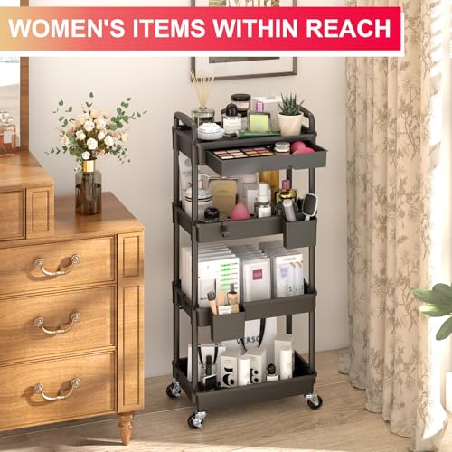Goovilla 4 Tier Rolling Utility Cart Organizer with Removable Drawer, Stable and Sturdy Black Rolling Storage Carts with 2 Lockable Wheels for Bathroom, Kitchen, Snack, Craft, Makeup, Baby Essentials - size: 4 Tier, style: Black