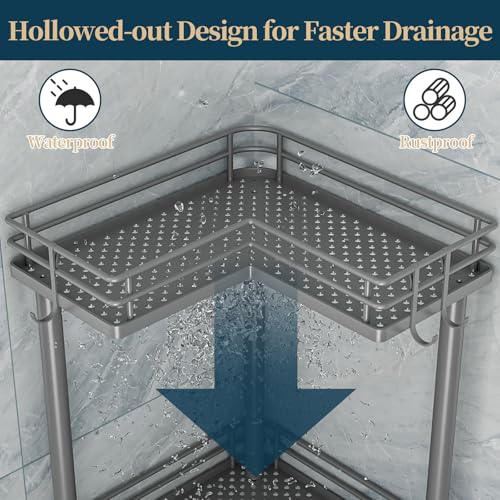 Consumest Corner Shower Caddy Standing - 3-Tier Stainless Steel Shower Organizer with Soap Holder and 4 Hooks, Large Capacity Corner Shelf Stand for Bathroom, Rest Room, Grey - color: Grey, size: 3 Tier