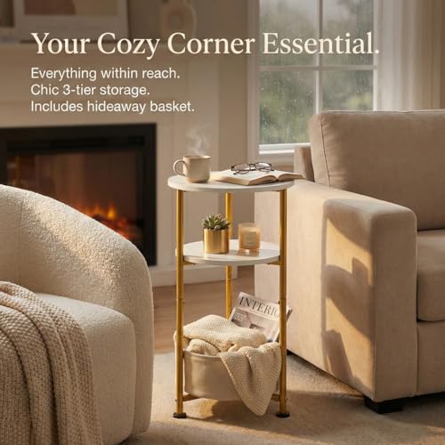 Small Round Side Table with Storage Basket, 3-Tier Narrow End Table Nightstand for Living Room Bedroom, 11.8" Diameter Modern Bedside Table for Small Spaces, Wood Grain & Metal Frame (White & Gold) - color: White & Gold