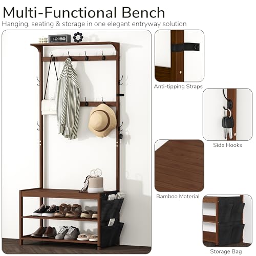 AMBIRD Hall Tree with bench and shoe storage, Entryway Bench with shoe storage, 6-in-1 Coat Rack with Cloth Bag and 12 Coat Hooks, Sturdy Bamboo Frame, Brown 31 * 15 * 70 Inches - style: Classic, 31.5'' L