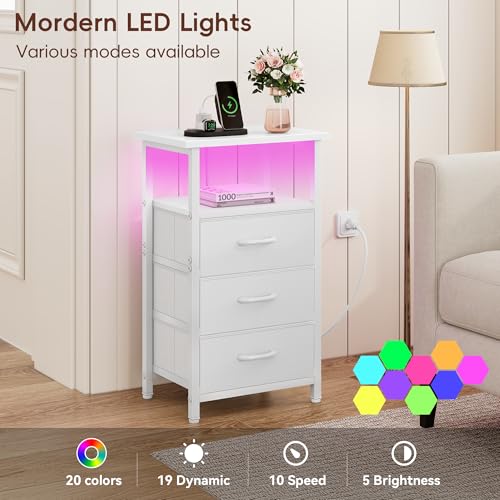 Vagusicc Night Stand with Charging Station, LED Nightstand for Bedroom, White Bedside Table with 3 Fabric Drawers, End Table Side Table with USB Ports and Outlets, Bed Side Table for Bedroom, White - color: White, size: 1 Piece, style: With LEDs