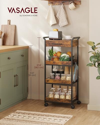 VASAGLE Storage Cart, 4-Tier Rolling Utility Cart with Table Top, Handles, 4 Lockable Casters, Top Drawer, Mesh Shelves, for Kitchen, Bathroom, Bedroom, Rustic Brown and Ink Black ULRC049K01 - color: Rustic Brown + Ink Black, size: 4 Tiers (37.8"H )