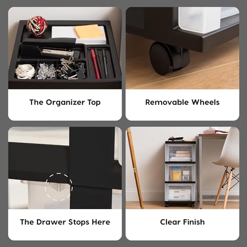 IRIS USA Plastic Drawer Storage Organizer Rolling Cart, with Wheels Casters, 3-Drawers, for Classroom Art Craft Supplies Dresser Closet Bathroom Laundry Room, Black/Clear - color: Black, size: 3 Drawer