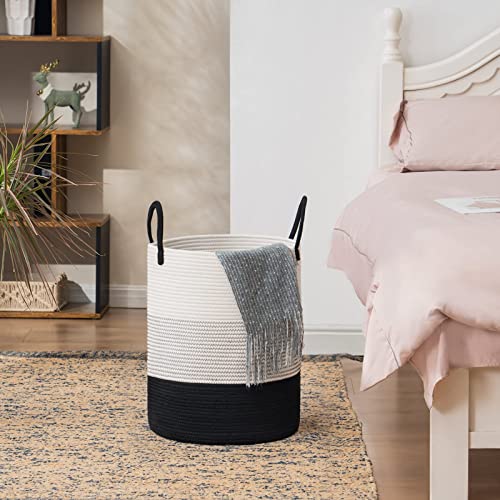 Woven Rope Laundry Hamper Basket by YOUDENOVA, Tall Luandry Basket, Baby Nursery Hamper for Blanket Storage, Clothes Hamper for Laundry in Bedroom-Large-(Dark White, 58L) - color: White&Black, size: Tall (58L )