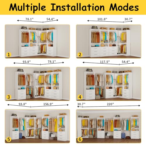 Closet System with 9 Drawers, Corner Closet Organizer System with 9 Hanging Rods Walk in Wooden Modular Closet Storage System L-Shaped 4 Sets, 2800+ Lbs Capacity White - color: Cl07090909