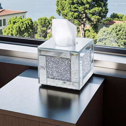 Mirrored Tissue Box Cover Holder, Square Glass Facial Tissue Holder with Crushed Diamond Crystals, Luxury Facial Paper Organizer Dispenser for Bathroom, Vanity Countertop, Tabletop, Silver