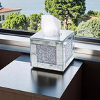 Mirrored Tissue Box Cover Holder, Square Glass Facial Tissue Holder with Crushed Diamond Crystals, Luxury Facial Paper Organizer Dispenser for Bathroom, Vanity Countertop, Tabletop, Silver