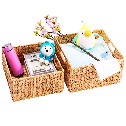 HOONEX Water Hyacinth Storage Baskets for Organizing, Decorative Wicker Baskets with Carrying Handles, Set of 2, Natural - color: Natural (Water Hyacinth), size: 13 x 13 x 7.5 inches