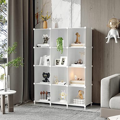 AWTATOS Cube Storage Organizer Storage 12 Cube Bookshelf DIY Plastic Closet Clothes Storage Shelves with Wooden Mallet, Stackable Storage Solution for Home, Bedroom, White - color: White