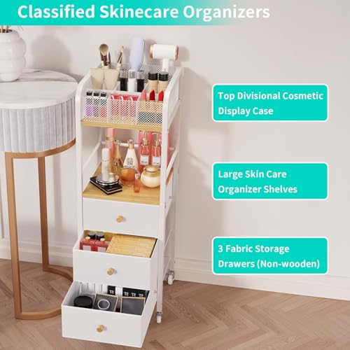 HapiRm Rolling Makeup Cart Organizer - Floor Skincare Make Up Storage with 3 Non-woven Fabric Drawers, Vanity Organizer Cosmetic Display Cases Holder for Skin Care Perfume Nail Polish Brush Hair Tool - color: Natural