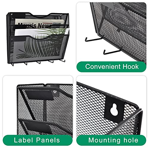 EASEPRES 3 Pocket Mesh Hanging File Organizer with Key Holder Hooks & Nametag Label, Wall Mounted Mail Paper Document Folder Clipboard Storage Organization Magazine Rack for Office Cubicle, Black - color: Black, size: 3 Tier & Key Holder