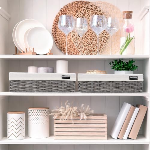 Brookstone Wicker Storage Basket Two Pack Set, Bathroom and Closet Organizers and Storage Bins with Fabric Liner, Grey - color: Grey w/ Liner (2 Pack)