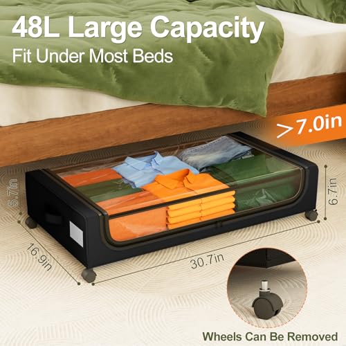 GoMaihe Under Bed Storage with Wheels: 48L Underbed Storage Containers with Clear Lids - Rolling Drawers & Bins for Shoes Clothes in Dorm Bedroom - Space-Saving Easy Pull-out Black 2-Pack - color: Black, size: Large(2Pack)