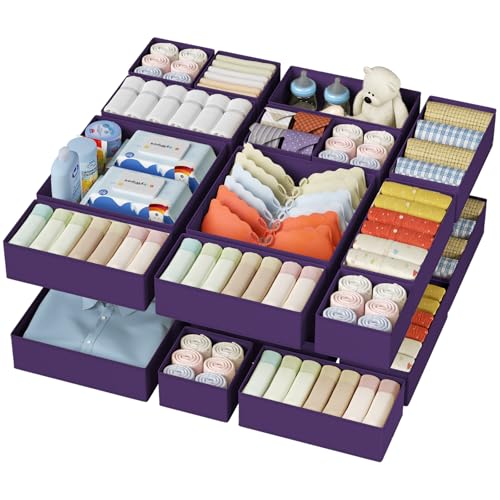 DIMJ Drawer Organizer Clothes - 20 Pack Closet Drawer Organizer Bins for Baby Clothes Storage, Fabric Dresser Organizer for Nursery Bedroom, Foldable Small Drawer Dividers for Underwear Socks - color: Purple, size: 20 Pack