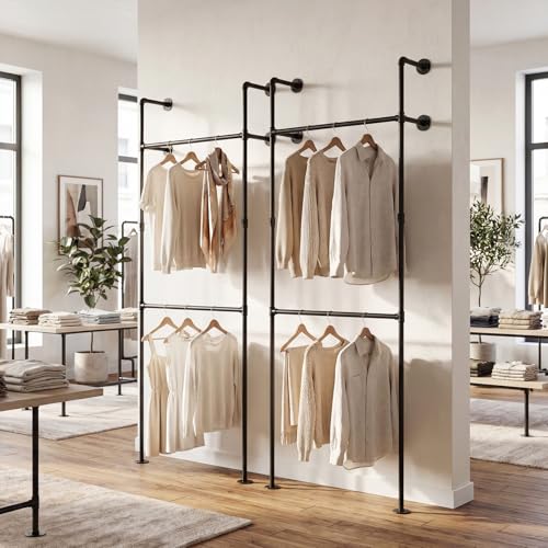Giantex Industrial Pipe Clothing Rack, 42" Wall Mounted Heavy-Duty Metal Garment Organizer with 2 Hanging Rods, 2-Tier Walk-in Closet System for Wardrobe Closet, Retail Display - size: 42 Inches
