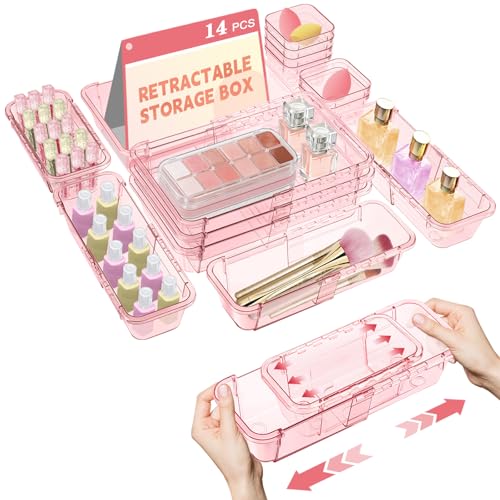 14 Pcs Clear Drawer Organizer, Adjustable Drawer Storage Box, 3-Size Desk Drawer Organizer, Acrylic Storage Bins for Makeup, Kitchen Utensils, Bedroom Dressers Tool Organizer for Gadgets, Pink - color: Pink, size: 14PCS