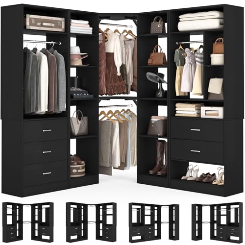 Besiost Corner Closet System with 5 Drawers, Closet Organizer System with 15+Shelvess & 4 Hanging Rods, 63.2"L * 63.2"W / 87.2"L * 39.2"W Reversible L Shaped Walk-in Closets, Load 2500+LBS, Black - color: Black, size: 63.2" * 63.2"