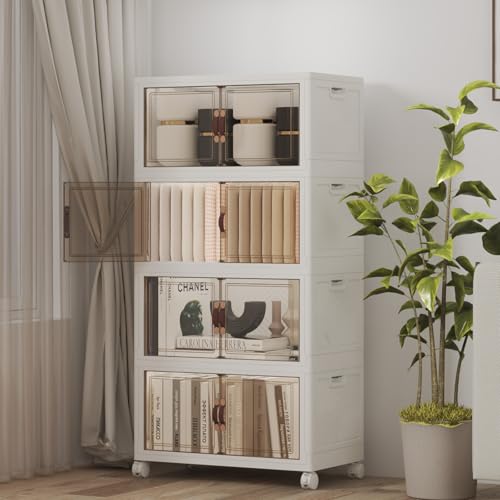 UAMFURI Stackable Storage Bins with Lids 192QT-48QT*4Pack Folding Storage box with Doors and Wheels, Collapsible Plastic Bins Stackable Organizer and Containers for Home, Garage, Office - color: white, size: 4PACK-20"W12"D44"H