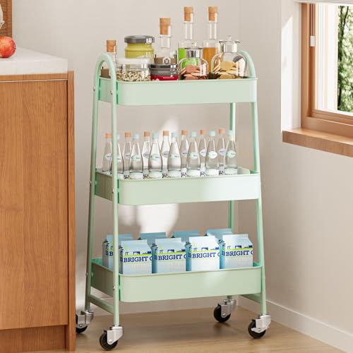 NEWBULIG 3-Tier Rolling Utility Cart with Locking Wheels, Slim Metal Mobile Storage Organizer Shelf for Small Spaces, Bathroom, Living Room, Green - color: Green, size: 3-Tiers