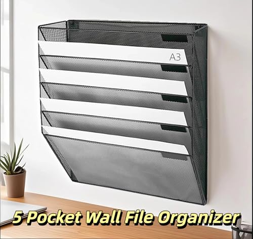 5 Tier Wall File Organizer, A3 Office Hanging Magazine Holder, Desktop Vertical Mail Paper Folder Holder Rack, Home Office Organization and Storage, Black (A3,5 Tier,Black) - color: A3,5 Tier,black