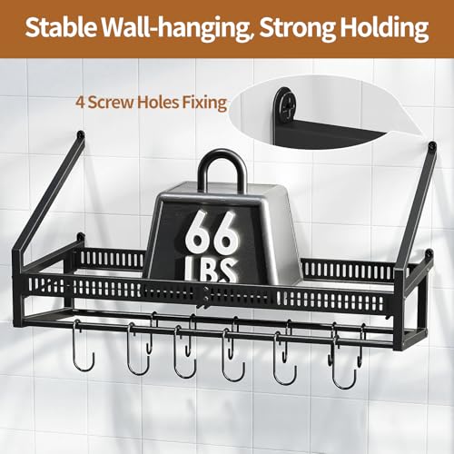 Housolution Pan Rack Wall Mounted, 24.8" Vertical Lid Organizer with 14 Adjustable Dividers, Heavy Duty Hanging Cookware Holder Hanger with 6 S-Hooks & 6 Vertical Hooks - color: Black, 1 Tier