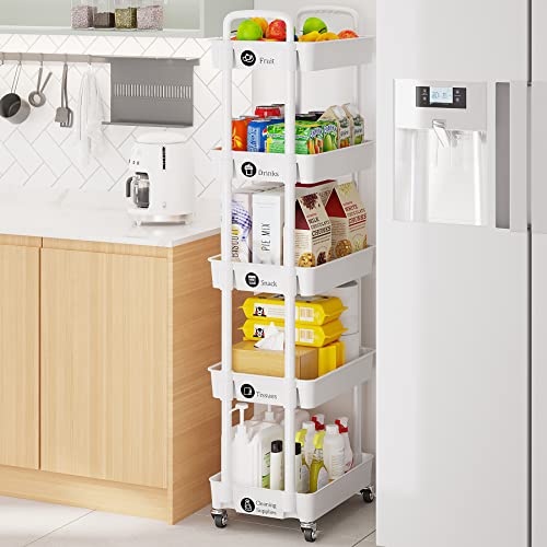 Laiensia 5-Tier Rolling Cart with Wheels,Multifunction Utility Storage Carts, Kitchen Storage Organizer,Mobile Shelving Unit for Bathroom,Laundry,with Classified Stickers,White - color: White, size: 5-Tier
