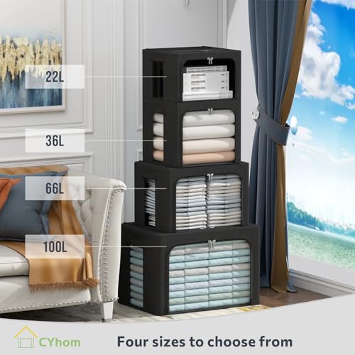 CYhom Clothes Storage Bins Box - Linen Fabric Foldable Stackable Container Organizer Set with Clear Window & Carry Handles & Metal Frame (Black, Medium-36L) - color: Black, size: Medium-36L