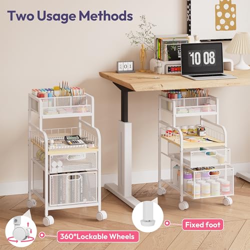 SWTYMIKI Rolling Cart with Drawers - Metal Utility Cart with Wood Shelf, DIY Divider and Locking Wheels, Craft & Art Cart Organizer for Under Desk Storage for Home Office Studio, White - color: 4 Tiers-White, size: 4 Tiers