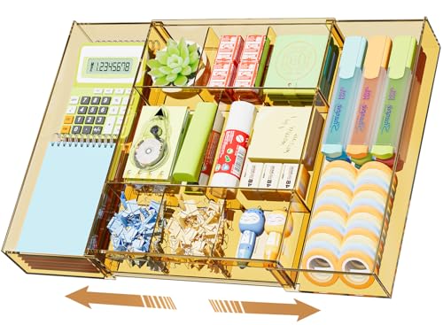 Marbrasse Expandable Desk Drawer Organizer, Clear Plastic Drawer Organizer Tray with 10 Adjustable Compartments, Desk Organizers and Accessories, 5 Drawer Dividers for Office Supplies(Clear Champagne) - color: Clear Champagne