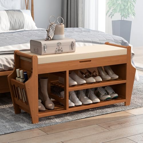 oakvivo 47.2in Shoe Bench Entryway - Bamboo Shoe Rack Bench with Storage, Shoe Rack Organizer with Cushion, 2 Side Holder, Holds Up tp 330lbs for Front Door Entrance, Living Room - size: 47.2 inch