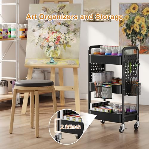 3 Tier Rolling Cart Metal with DIY Pegboard, Black Three Tiered Art Supply Organizer Cart on Wheels, Storage Utility Hobby Carts for Craft, Snack, Diaper Caddy, Nail, Baby Essentials, Nail, Snack - color: Black, size: 3 Tier+Pegboard+Cups+Hooks