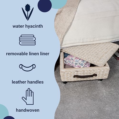 happimess BSK1006D Chett 26.38" Minimalist Hand-Woven Hyacinth/Wood Underbed Storage Bin with Wheels and Handles, White Wash/Dark Brown for Storage and Decoration in Bathroom, Bedroom, Living Room - color: White Wash/Dark Brown