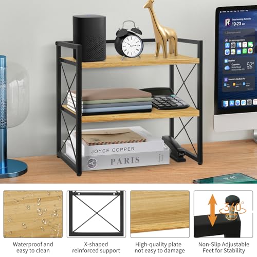 YINMIT Desktop Shelf Organizer, 2 Tier Office Shelves, Wood Desk Organizer Storage Rack and Freestanding Display Shelf for Office, Dormitory, Home (Black Wood) - color: Black+wood
