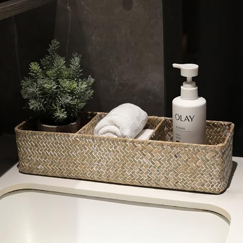Seagrass Storage Basket 3 Sections Woven Shelf Baskets with Compartment (Whitewash, 14.6inch x 4.7inch x 3.1inch) - color: Whitewash 3 Sections without Lid