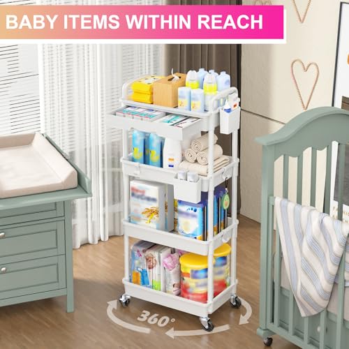 Goovilla 4 Tier Rolling Utility Cart Organizer with Removable Drawer, Stable and Sturdy White Rolling Storage Carts with 2 Lockable Wheels for Bathroom, Kitchen, Snack, Craft, Makeup, Baby Essentials - size: 4 Tier, style: White