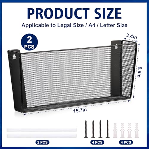 2 Pack Legal Size Wall Amount Pocket File Holder Metal Mesh Hanging Wall File Organizer Black Single File Pocket Wall Mounted Mail Organizer Magazine Rack for Office Home School 15.7" L x6.9" Wx3.4" H