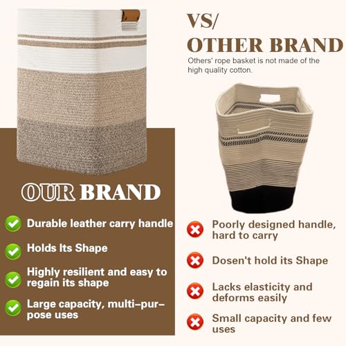 Laundry Hamper, 85L Tall Laundry Basket with Leather Handles, Rectangle Large Clothes Hamper for Organizing, Cotton Woven Laundry Baskets Storage Hampers for Bedroom, Nursery, Living Room - color: Jute & Rice Brown, size: 85L