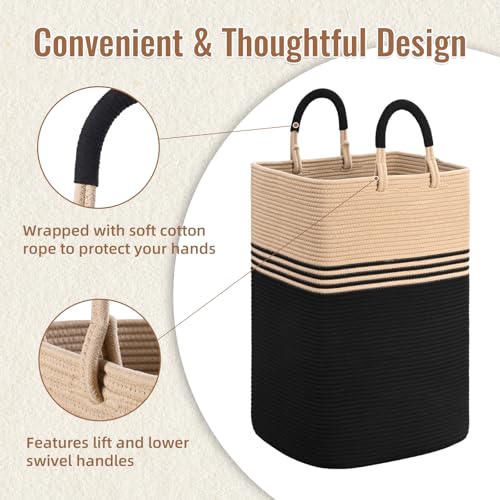 Laundry Basket Hamper,Blanket Storage,Dirty Clothes Hamper with Swivel Handles,Woven Cotton Rope Toy Baskets,Blanket Basket Living Room,Decorative Hampers for Nursery,Bedroom,Brown & Black,60L - color: Brown & Black, size: 60L