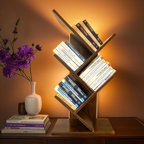 Godferyxin Tree Bookshelf with Liting,Small Bookcase LED and Desktop Book Shelf for Office, Home or School Small Bookshelf for Wood Displaying Books, CDs, Magazines Wood Book Rack-Mini Bookcase - color: 5tier-bookshelf With Liting Vintage