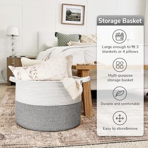Goodpick Extra Large Rope Basket, 83L Blanket Basket Living Room, Baby Toy Storage, Woven Storage for Clothes, Big Toy Bin for Kids Organizer, 21.7 x 13.8 inches - color: Light Grey, size: 21.7x21.7x13.8 Inch (Pack of 1)