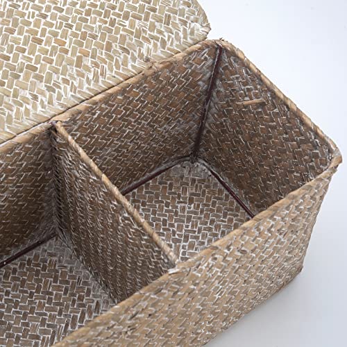 Whitewash Seagrass Tank Basket with Lid Woven Toilet Roll Storage Basket with Sections Rectangular for Organize Snack Toys (Large Compartment 16.5inch L x 5.5inch W x 5.5inch H) - color: Whitewash