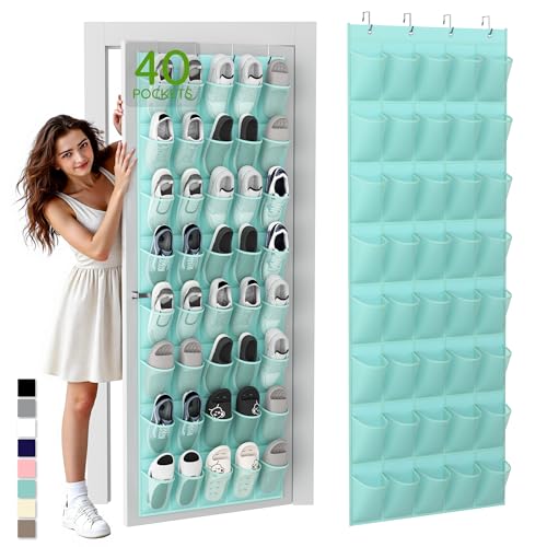 Unjumbly Over the Door Shoe Organizer with 40 Large Breathable Mesh Pockets, Space Saving Shoe Holder, Hanging Shoe Rack for Entryway Bedroom Closet Storage (Mint Blue, 40 Pockets) - color: Mint Blue, size: 40 Pockets