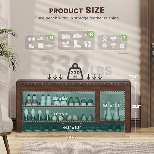 Shoe Bench for Entryway, Solid Rubberwood Shoe Bench with Hidden Storage, Adjustable 2-Tier Shelves & Soft PU Leather Seat, Shoe Rack Durable Easy Assembly for Hallway or Bedroom - Brown, 47.28" - color: Brown, size: 47.28"W x 11.82"D x 20.47"H