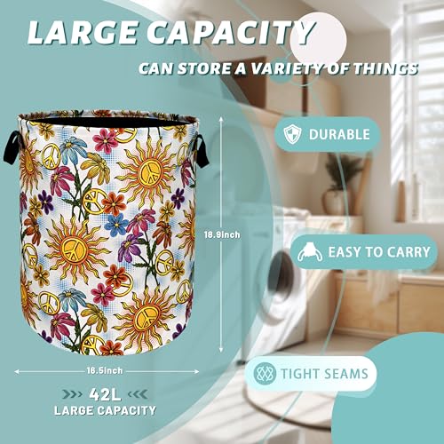 Colorful Hippie Peace Flowers Laundry Basket Foldable With Handles Tote Bag Oxford Cloth Funny Laundry Hamper Clothes Storage Bucket Toy Organizer For Bathroom/Laundry/Bedroom 18.9"x16.5 " - color: Colorful Hippie Peace Small Flowers Floral