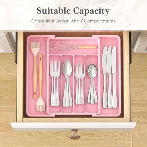 Lifewit Silverware Drawer Organizer, Expandable Utensil Tray for Kitchen, BPA Free Flatware and Cutlery Holder, Adjustable Plastic Storage for Spoons Forks Knives, 8.5"-14.1" x 12.1", Pink - color: Pink, size: Medium (8.5-14''W x 12''D)