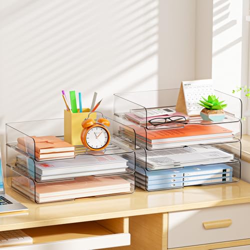 YKLSLH 4 Trays Paper Organizer Letter Tray - Acrylic Desk File Organizer, Stackable Clear Paper Holder Sorter Office Organizer for Letter/A4, Office File Ipad Books Notes Etc - color: 4 Tier-horizontal