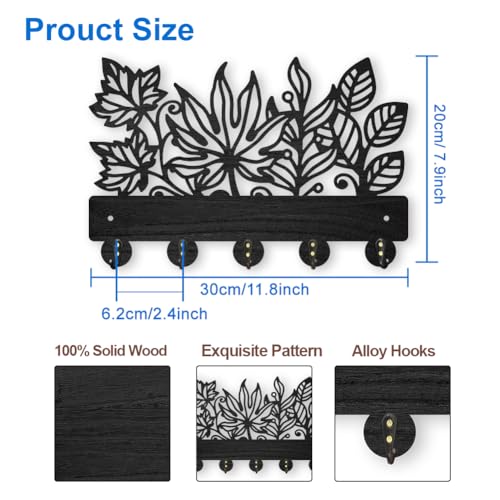 MAYJOYDIY Leaves Coat Rack Wall Mount 11.8×7.9inch Wood Leaves Plants Wall Art Decor Nature Tree Key Holder for Wall 5 Alloy Hooks Black Hook Rack Hat All Hook for Entryway Living Room Bedroom Gift - color: Leaves