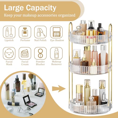 MOKANI 360 Rotating Makeup Organizer for Vanity, 3 Tier Adjustable Perfume Organizer for Dresser, Multi-Function Spinning Cosmetics Skincare Storage for Bedroom, Dresser, Countertop, Clear - color: B-Clear, size: 3 Tier