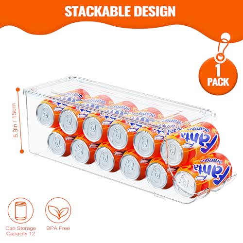 SCAVATA Soda Can Organizer for Refrigerator, Stackable Canned Food Pop Cans Container Can Holder Dispenser with Lid for Fridge Rack Freezer, Clear Storage Bins-Holds 12 Cans Each (One) - color: One
