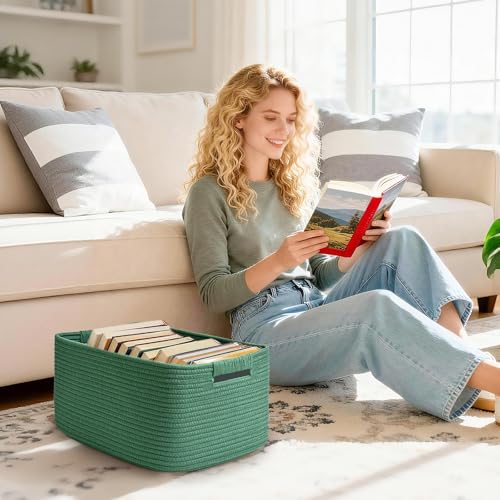 2 Pack Large Storage Basket for Organizing, 17.5"x13"x7" Woven Basket for Shelves, Closet Cube Storage Bins with Wrapped Handle, Cotton Rope Baskets for Kitchen, Clothes, Toys(Green) - color: Green, size: 2 Pack